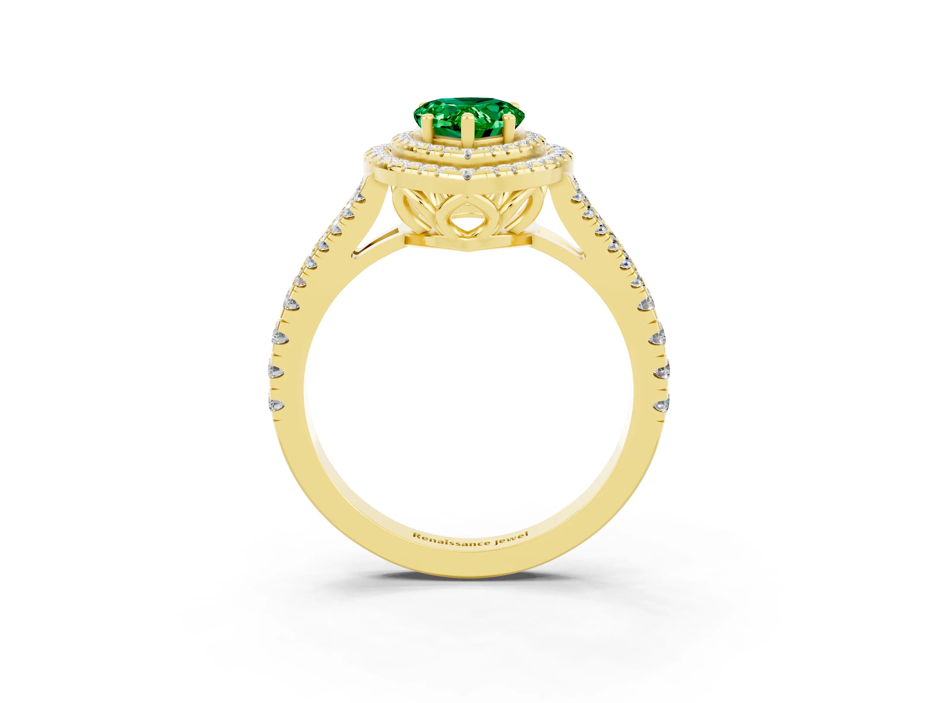Yellow gold Pear Cut Emerald Double Halo Ring with Pavé Band and Prong Setting_15