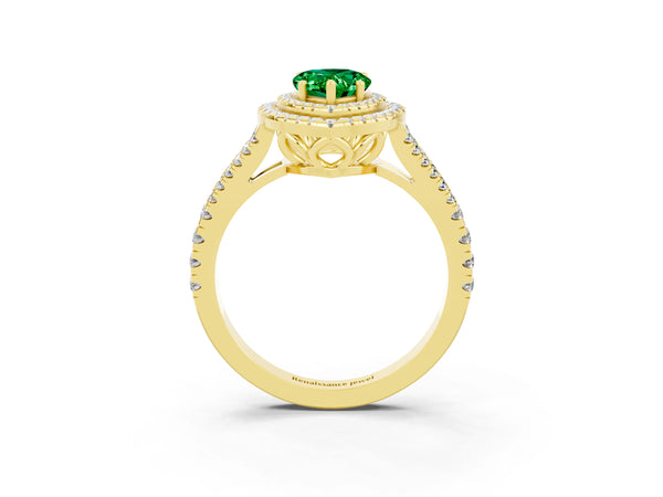 Yellow gold Pear Cut Emerald Double Halo Ring with Pavé Band and Prong Setting