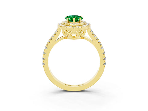 Yellow gold Pear Cut Emerald Double Halo Ring with Pavé Band and Prong Setting_15