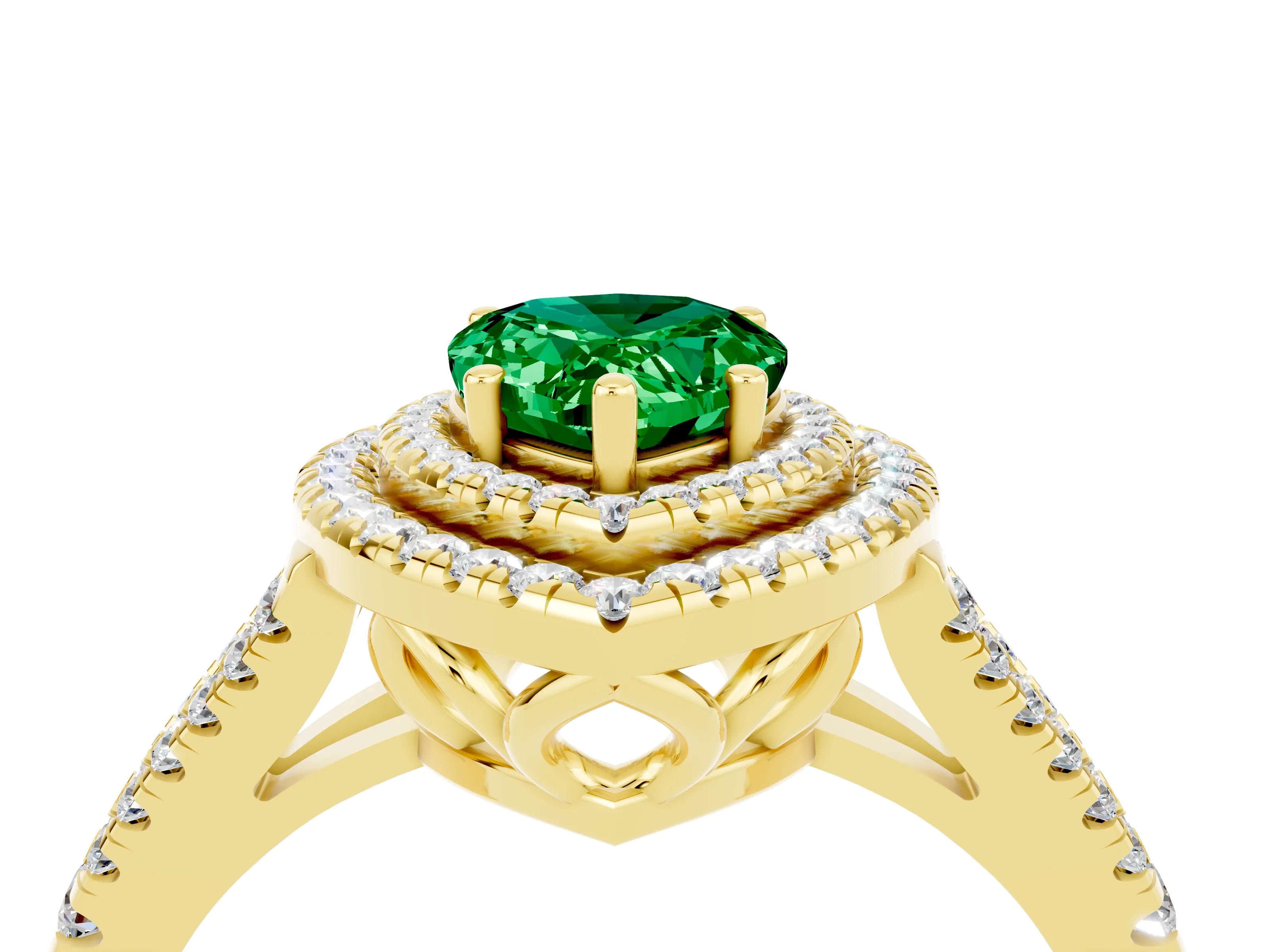 Yellow gold Pear Cut Emerald Double Halo Ring with Pavé Band and Prong Setting_16