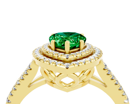 Yellow gold Pear Cut Emerald Double Halo Ring with Pavé Band and Prong Setting_16