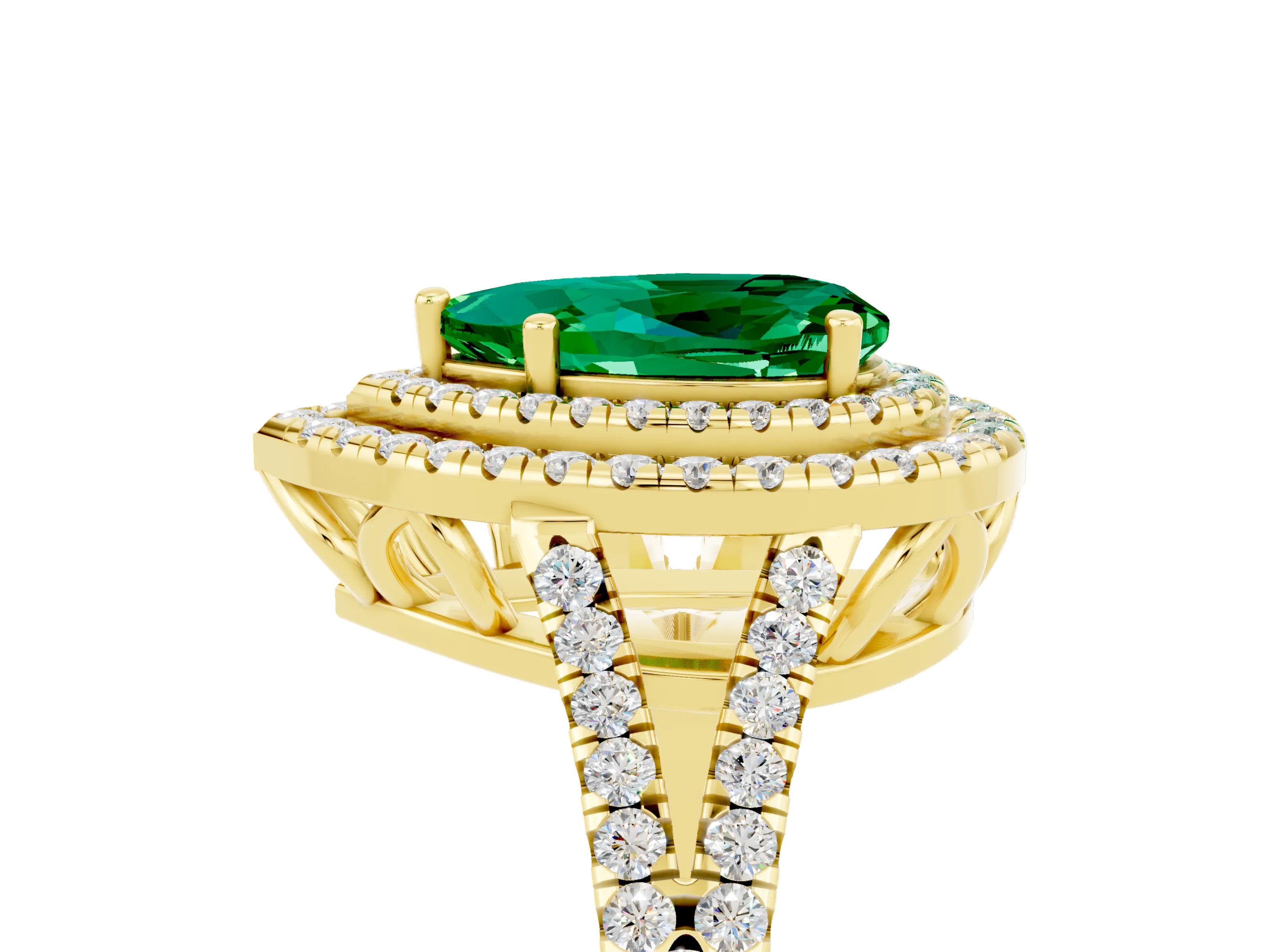 Yellow gold Pear Cut Emerald Double Halo Ring with Pavé Band and Prong Setting_17