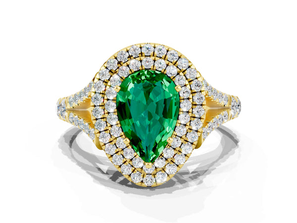 Yellow gold Pear Cut Emerald Double Halo Ring with Split Shank and Prong Setting