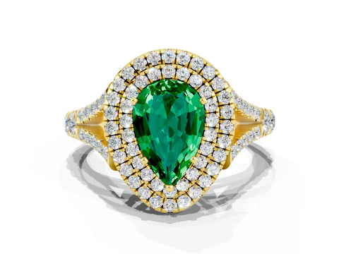 Yellow gold Pear Cut Emerald Double Halo Ring with Split Shank and Prong Setting_12