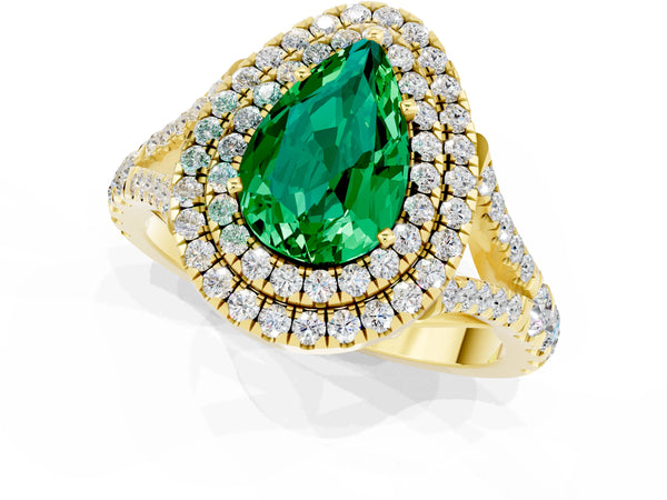 Yellow gold Pear Cut Emerald Double Halo Ring with Split Shank and Prong Setting