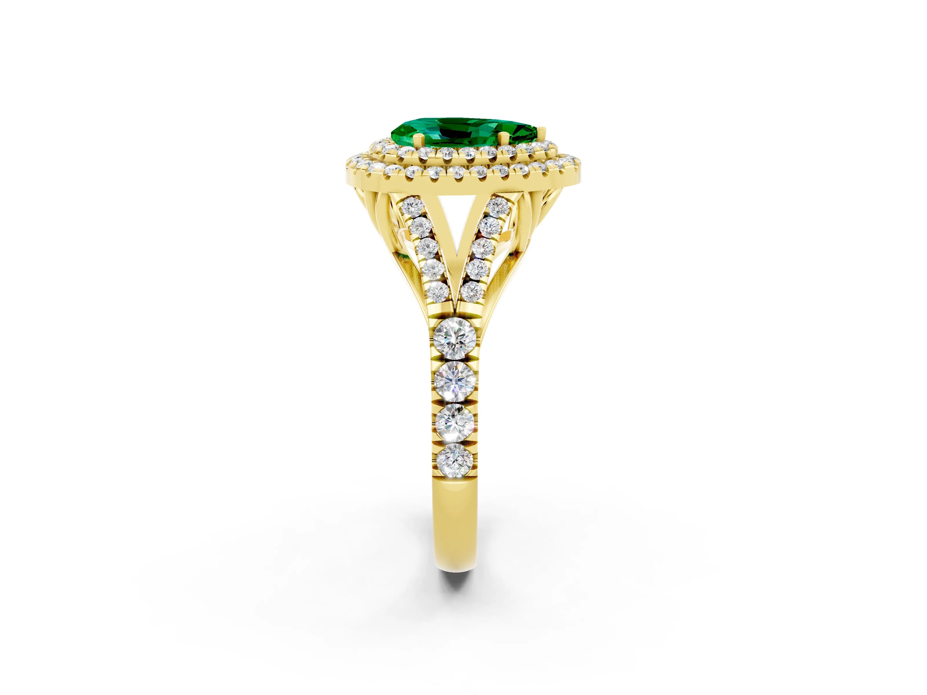 Yellow gold Pear Cut Emerald Double Halo Ring with Split Shank and Prong Setting_14