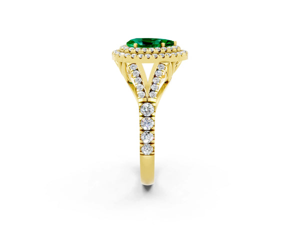 Yellow gold Pear Cut Emerald Double Halo Ring with Split Shank and Prong Setting