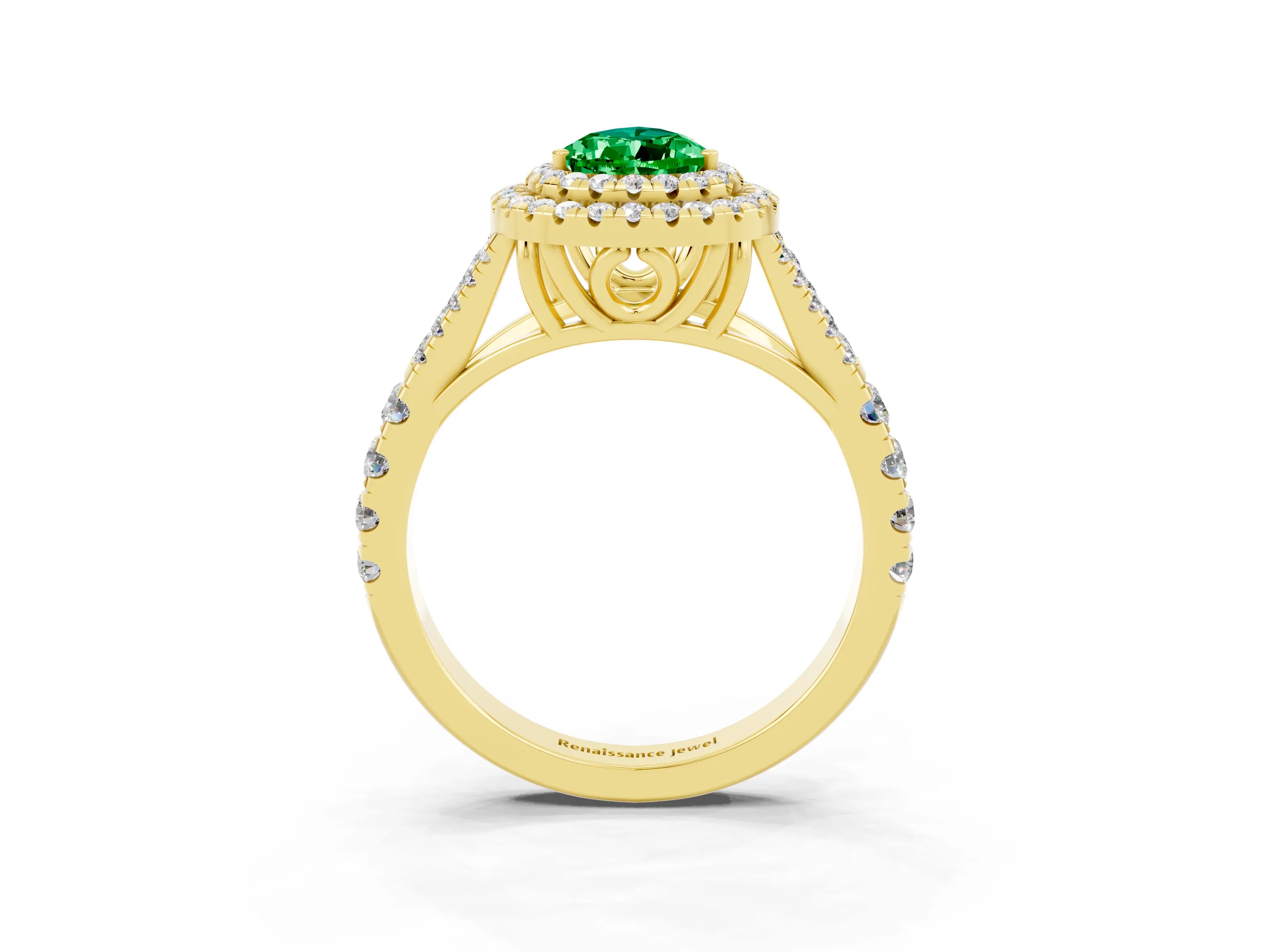 Yellow gold Pear Cut Emerald Double Halo Ring with Split Shank and Prong Setting_15