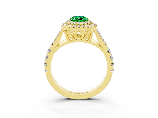 Yellow gold Pear Cut Emerald Double Halo Ring with Split Shank and Prong Setting