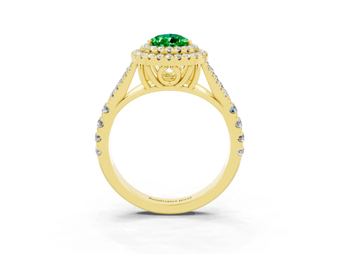 Yellow gold Pear Cut Emerald Double Halo Ring with Split Shank and Prong Setting_15