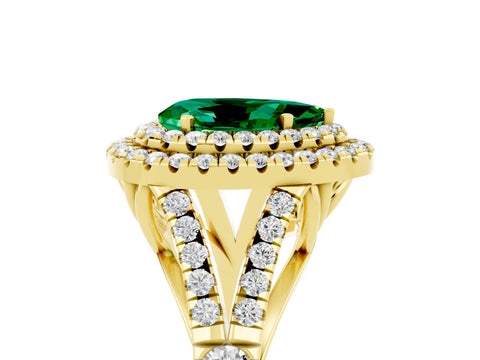 Yellow gold Pear Cut Emerald Double Halo Ring with Split Shank and Prong Setting_17