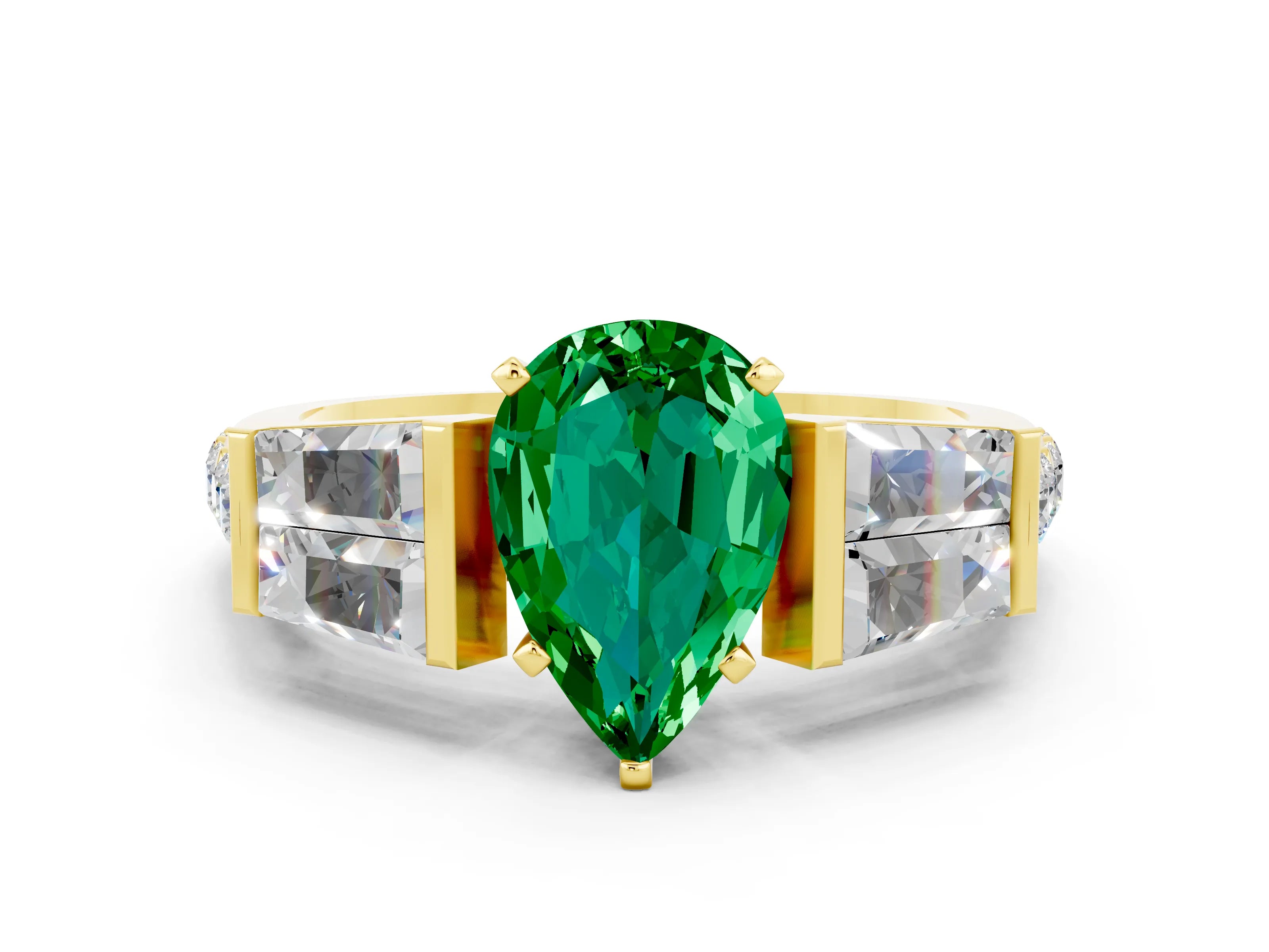 Yellow gold Pear Cut Emerald Engagement Ring with Baguette Side Stones and Channel Set Band
