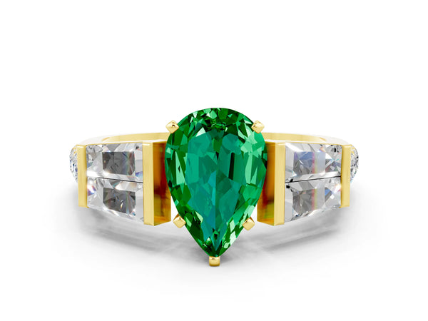 Yellow gold Pear Cut Emerald Engagement Ring with Baguette Side Stones and Channel Set Band
