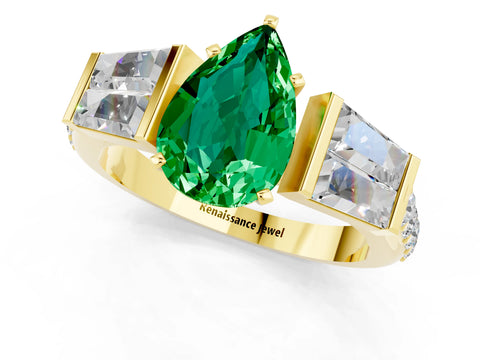 Yellow gold Pear Cut Emerald Engagement Ring with Baguette Side Stones and Channel Set Band_1