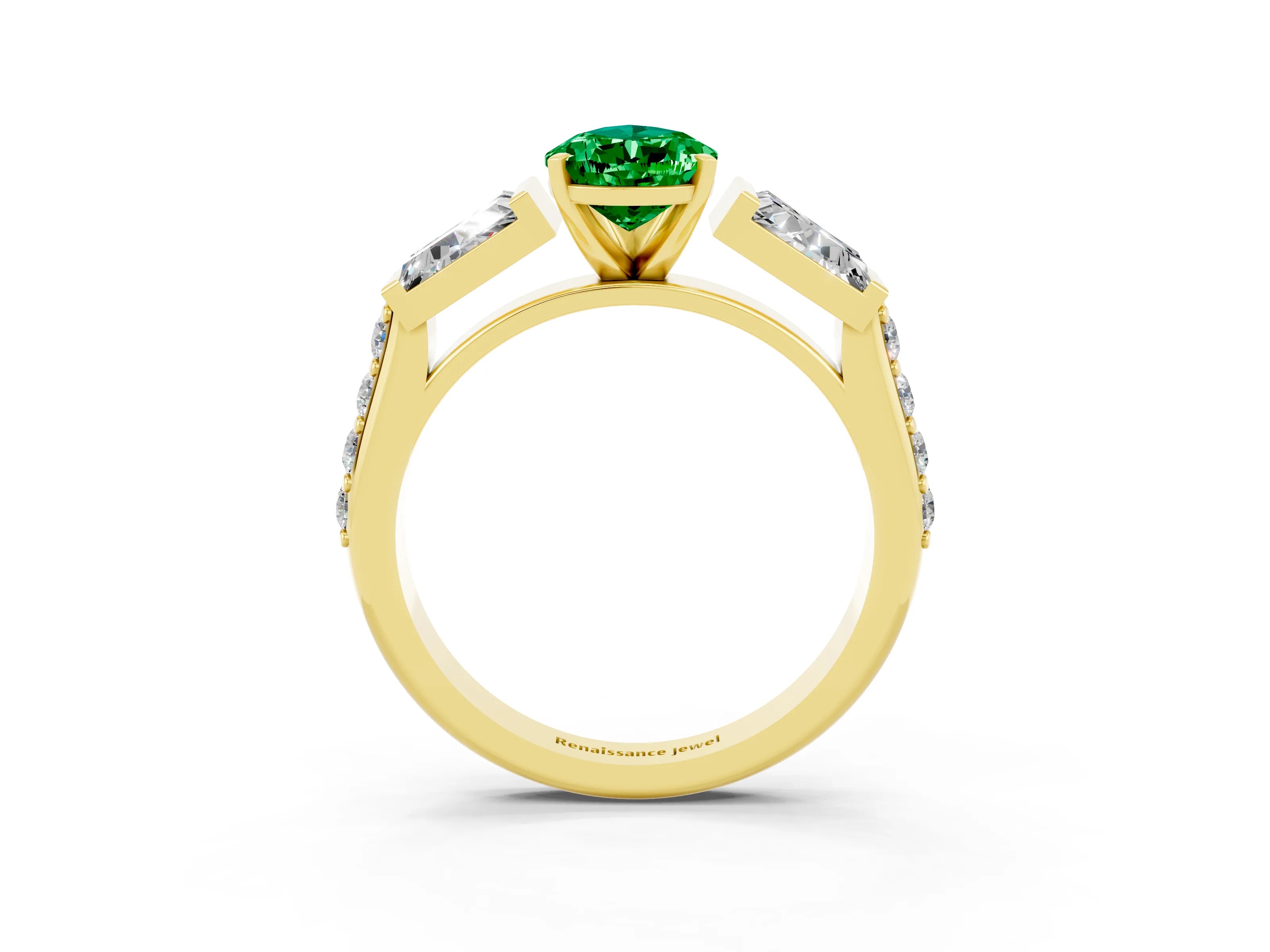Yellow gold Pear Cut Emerald Engagement Ring with Baguette Side Stones and Channel Set Band_3