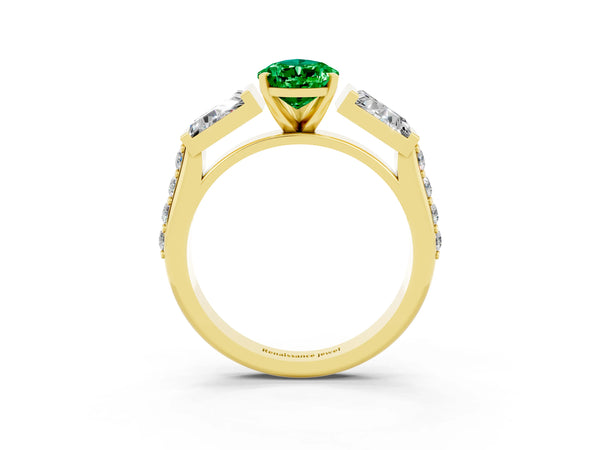 Yellow gold Pear Cut Emerald Engagement Ring with Baguette Side Stones and Channel Set Band