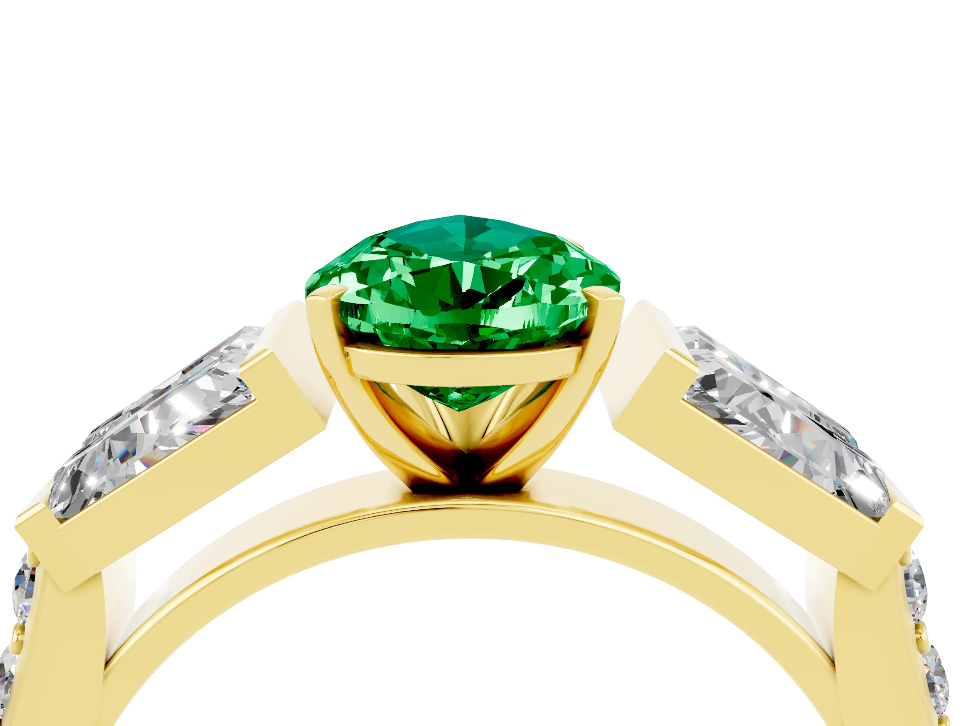 Yellow gold Pear Cut Emerald Engagement Ring with Baguette Side Stones and Channel Set Band_4