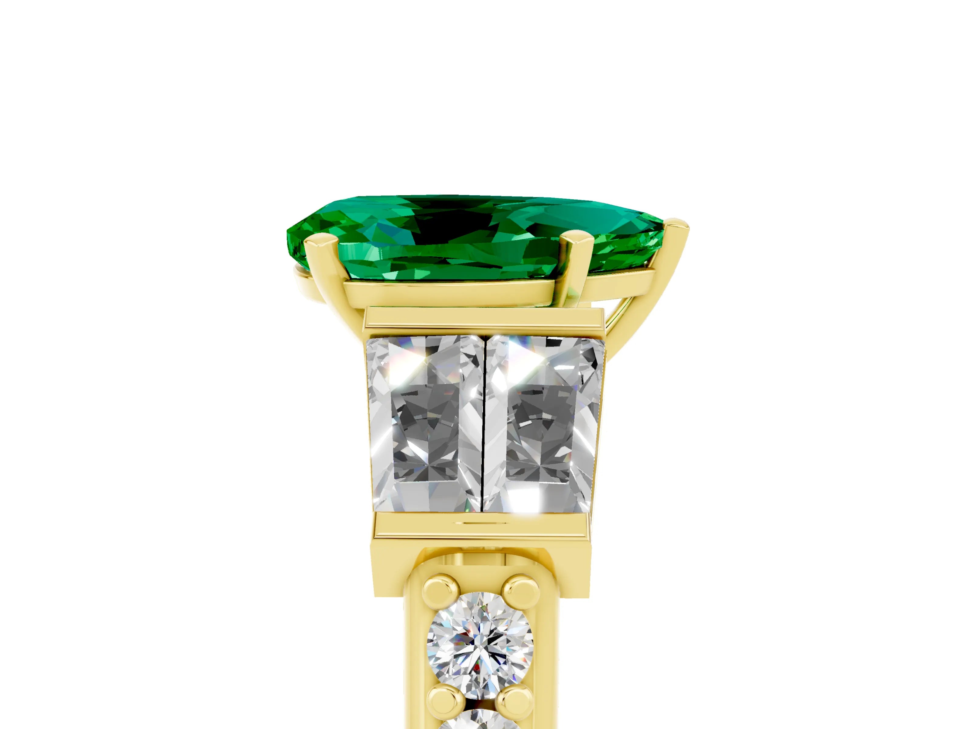 Yellow gold Pear Cut Emerald Engagement Ring with Baguette Side Stones and Channel Set Band_5