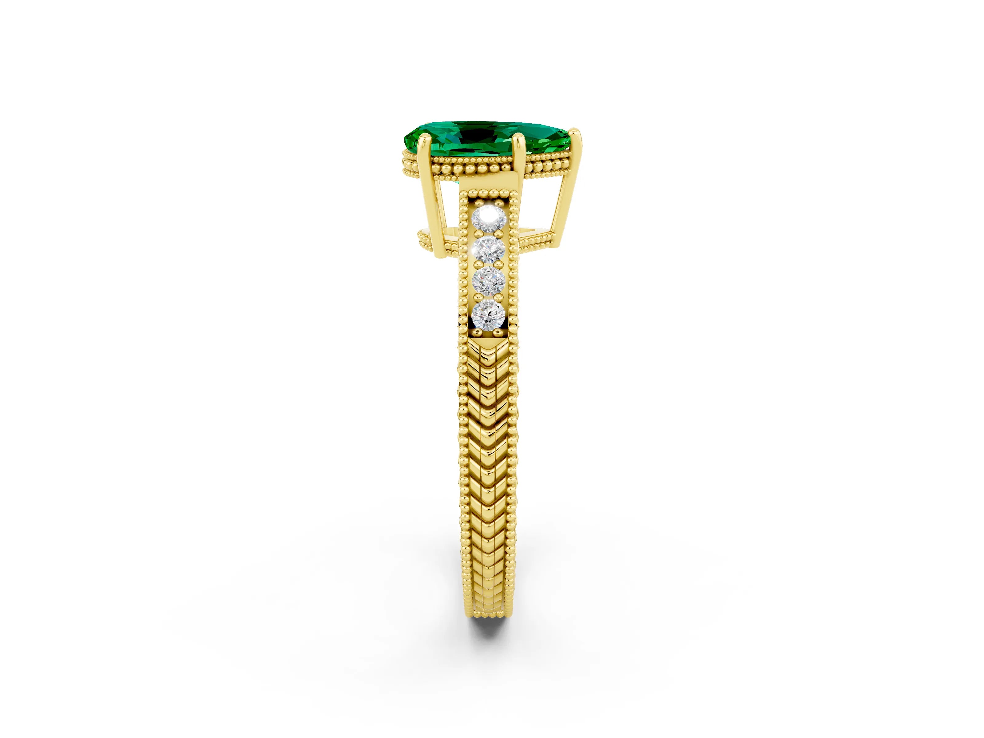 Yellow gold Pear Cut Emerald Engagement Ring with Milgrain Channel Set Band and Prong Setting_2
