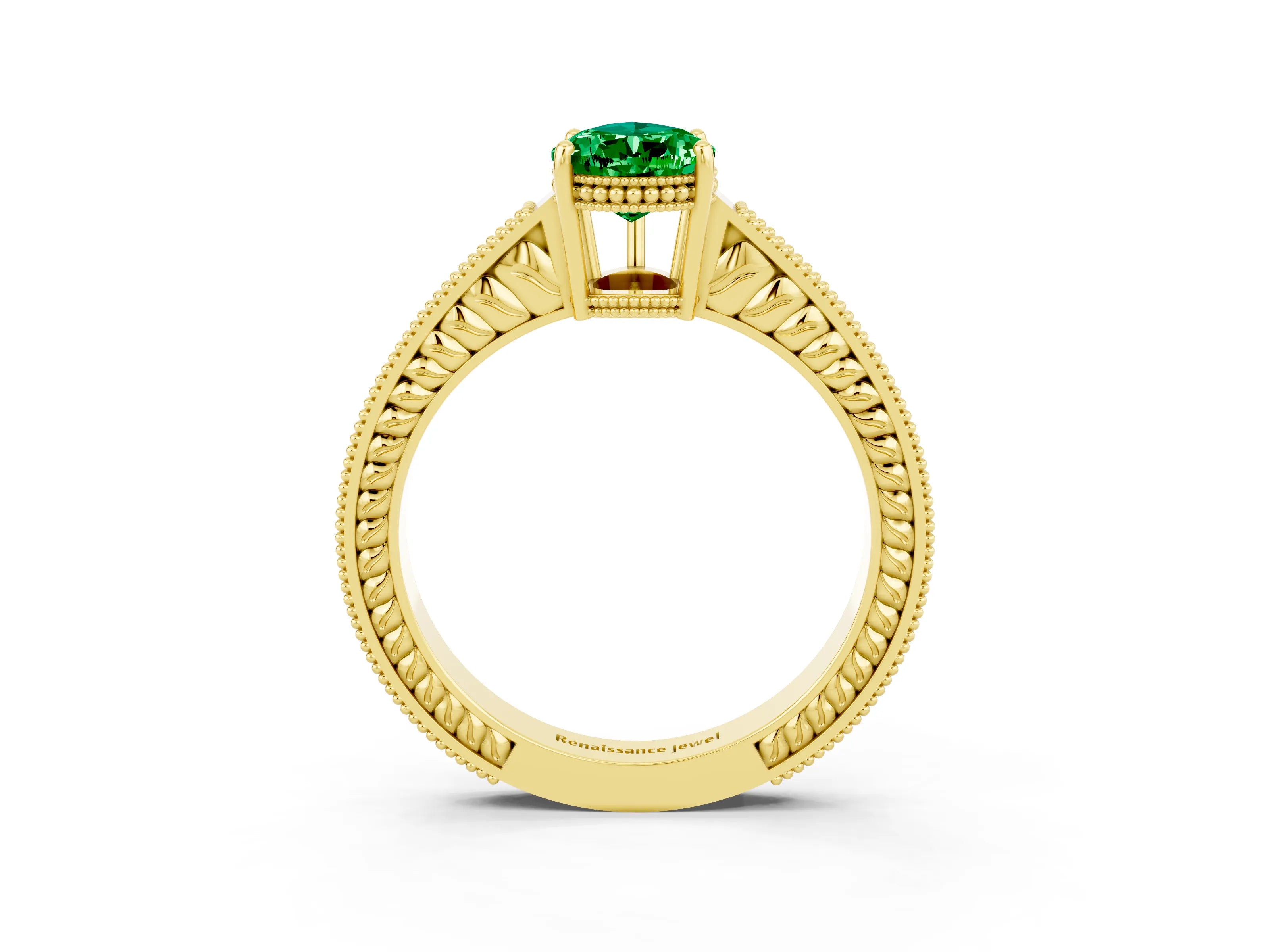Yellow gold Pear Cut Emerald Engagement Ring with Milgrain Channel Set Band and Prong Setting_3
