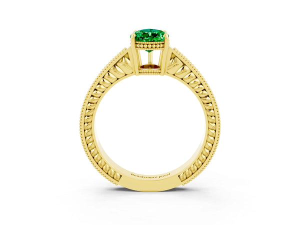 Yellow gold Pear Cut Emerald Engagement Ring with Milgrain Channel Set Band and Prong Setting
