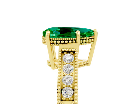 Yellow gold Pear Cut Emerald Engagement Ring with Milgrain Channel Set Band and Prong Setting_5