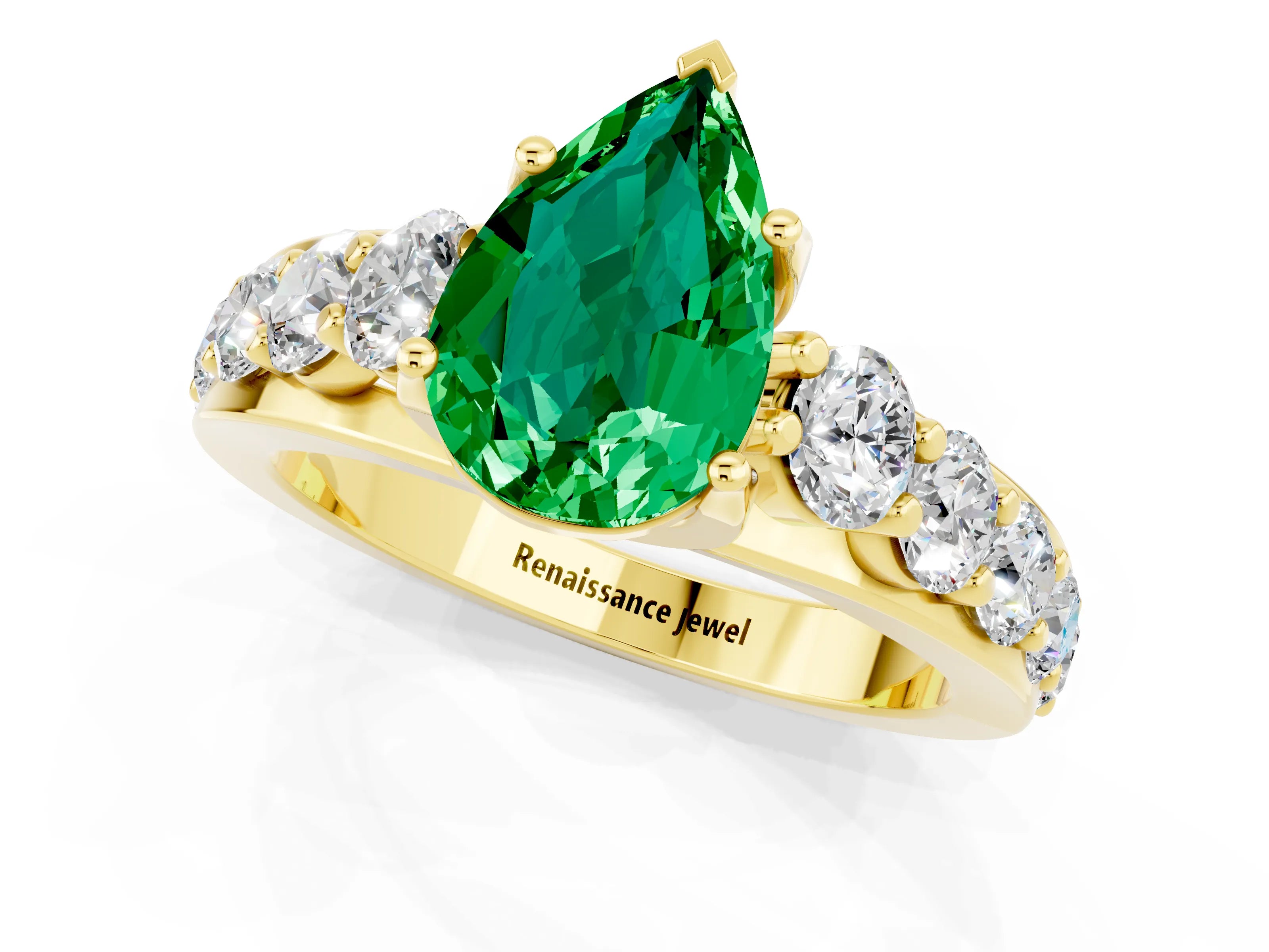 Yellow gold Pear Cut Emerald Engagement Ring with Pavé Band and Four-Prong Setting_1