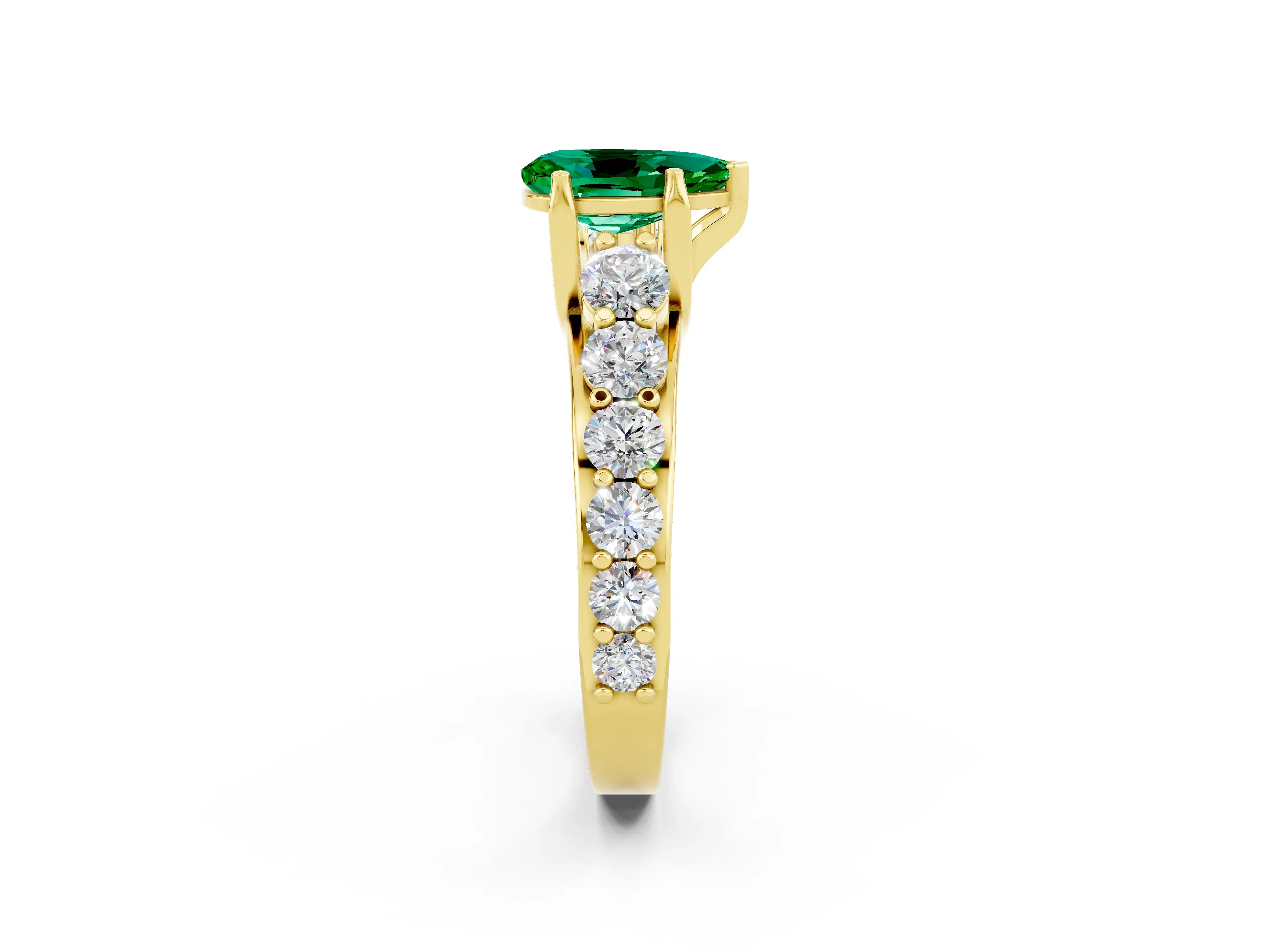 Yellow gold Pear Cut Emerald Engagement Ring with Pavé Band and Four-Prong Setting_2