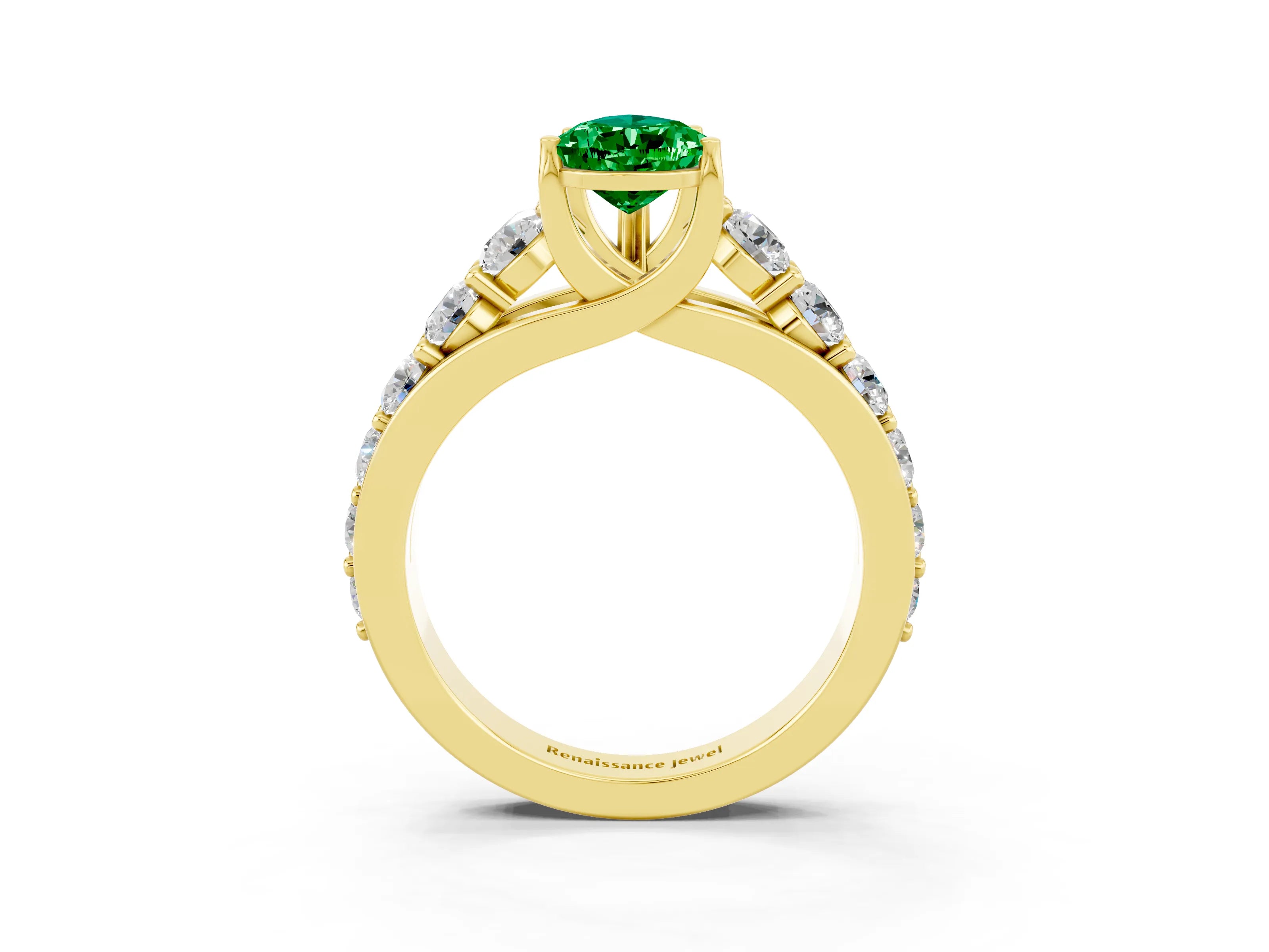 Yellow gold Pear Cut Emerald Engagement Ring with Pavé Band and Four-Prong Setting_3
