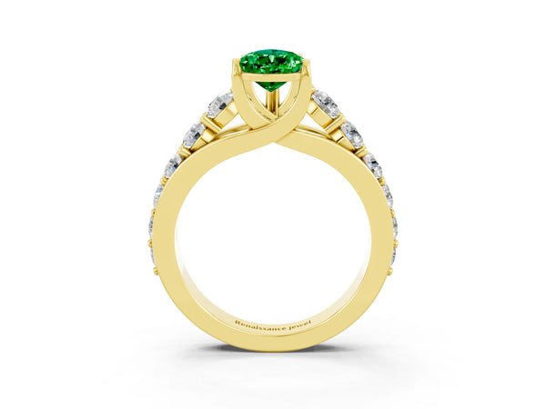 Yellow gold Pear Cut Emerald Engagement Ring with Pavé Band and Four-Prong Setting