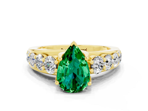 Yellow gold Pear Cut Emerald Engagement Ring with Pavé Band and Four-Prong Setting