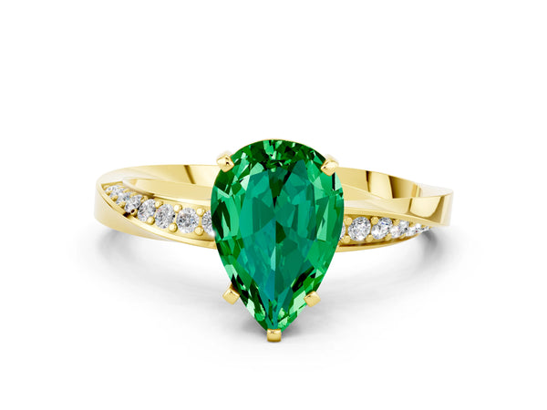 Yellow gold Pear Cut Emerald Engagement Ring with Side Stone Accents and Four-Prong Setting