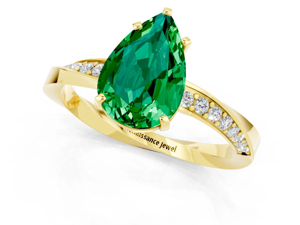 Yellow gold Pear Cut Emerald Engagement Ring with Side Stone Accents and Four-Prong Setting