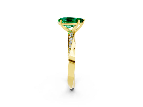 Yellow gold Pear Cut Emerald Engagement Ring with Side Stone Accents and Four-Prong Setting