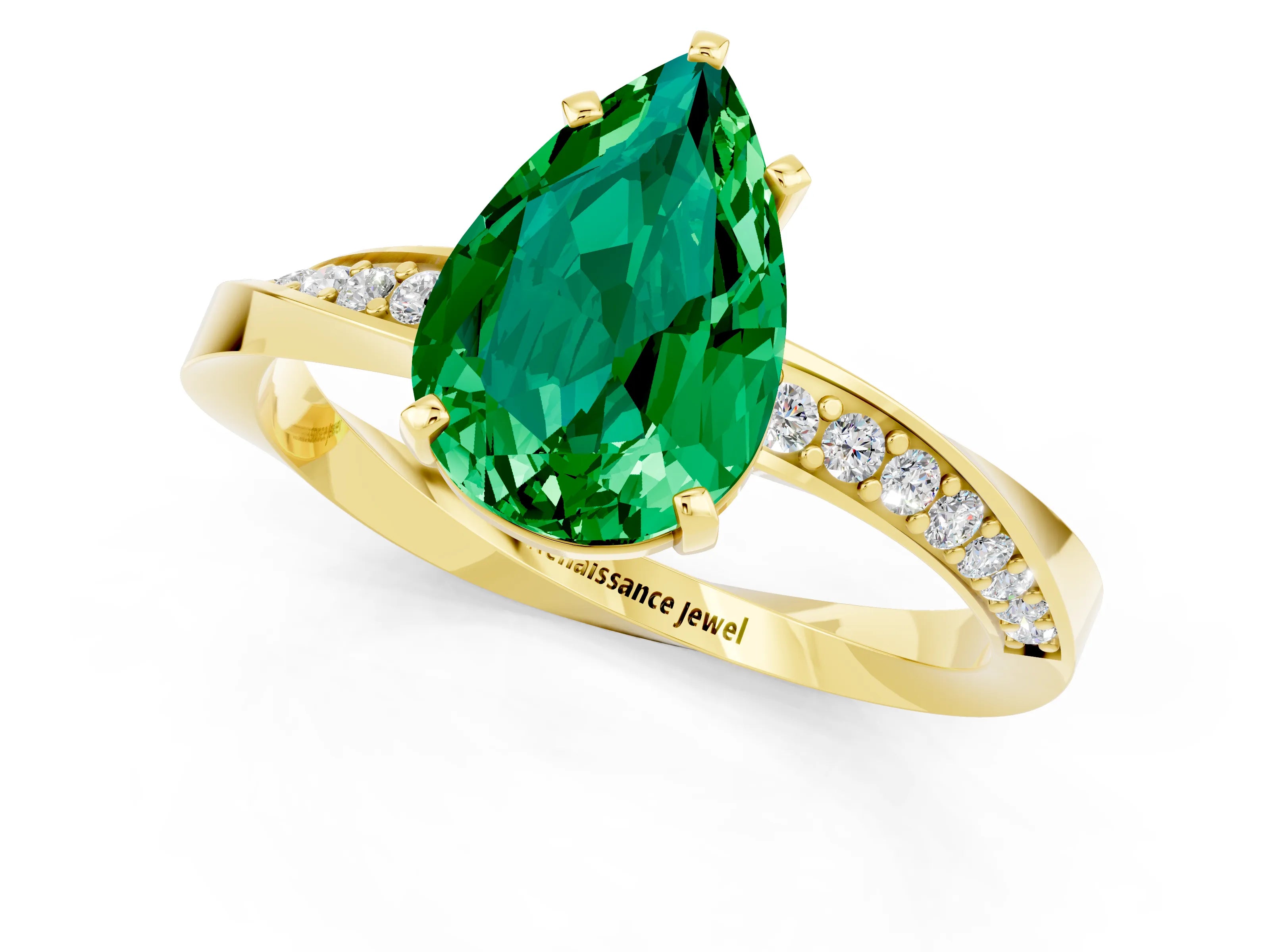 Yellow gold Pear Cut Emerald Engagement Ring with Side Stone Accents and Four-Prong Setting_28
