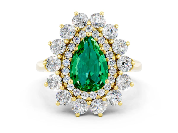 Yellow gold Pear Cut Emerald Floral Double Halo Engagement Ring with Prong Setting