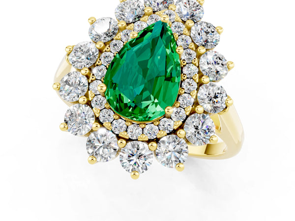 Yellow gold Pear Cut Emerald Floral Double Halo Engagement Ring with Prong Setting