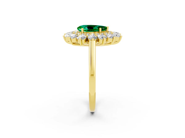 Yellow gold Pear Cut Emerald Floral Double Halo Engagement Ring with Prong Setting