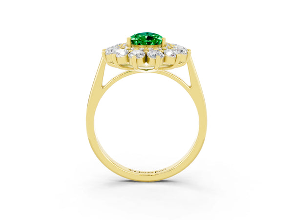 Yellow gold Pear Cut Emerald Floral Double Halo Engagement Ring with Prong Setting