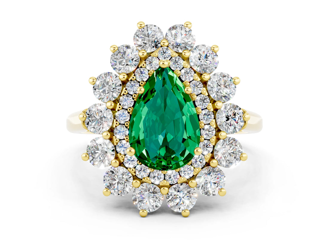 Yellow gold Pear Cut Emerald Floral Double Halo Engagement Ring with Prong Setting_48