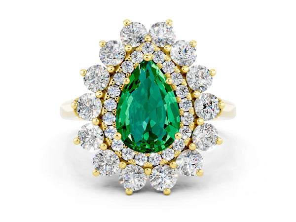 Yellow Gold Pear-Shaped Lab-Grown Emerald Floral Double Halo Engagement Ring with Plain Band