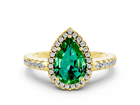 Yellow gold Pear Cut Emerald Halo Engagement Ring with Pavé Band and Prong Setting_12