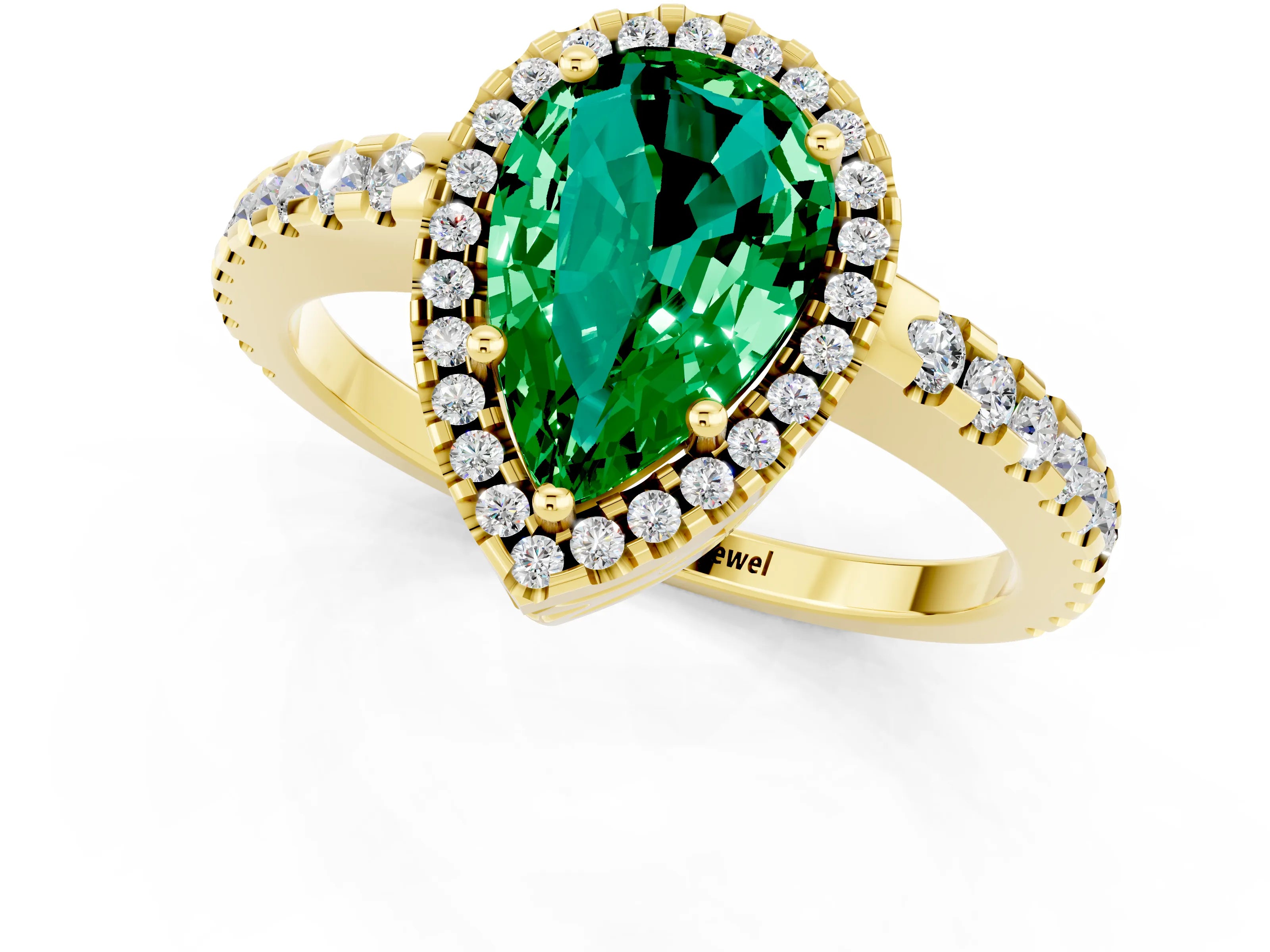 Yellow gold Pear Cut Emerald Halo Engagement Ring with Pavé Band and Prong Setting_13