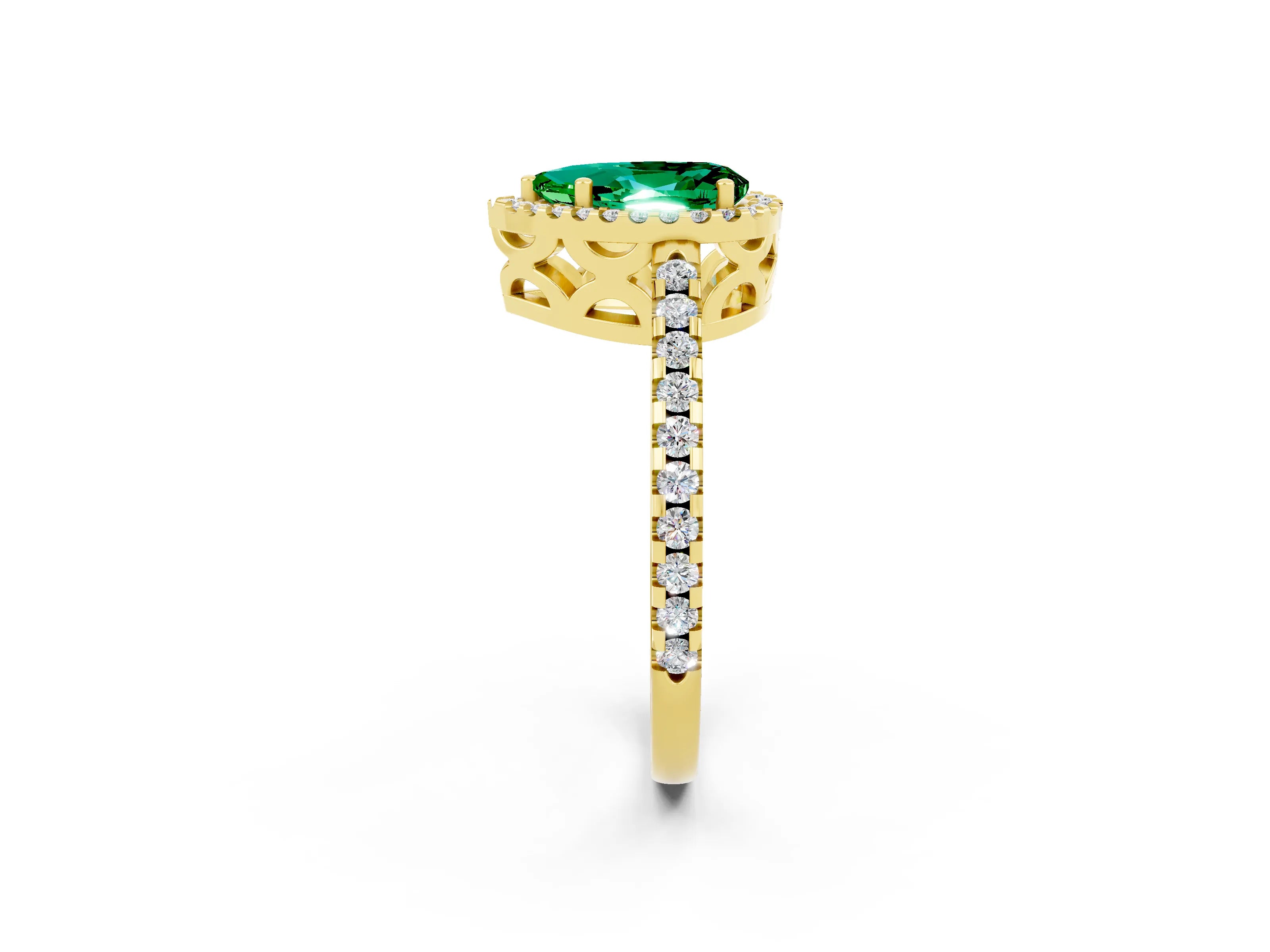 Yellow gold Pear Cut Emerald Halo Engagement Ring with Pavé Band and Prong Setting_14