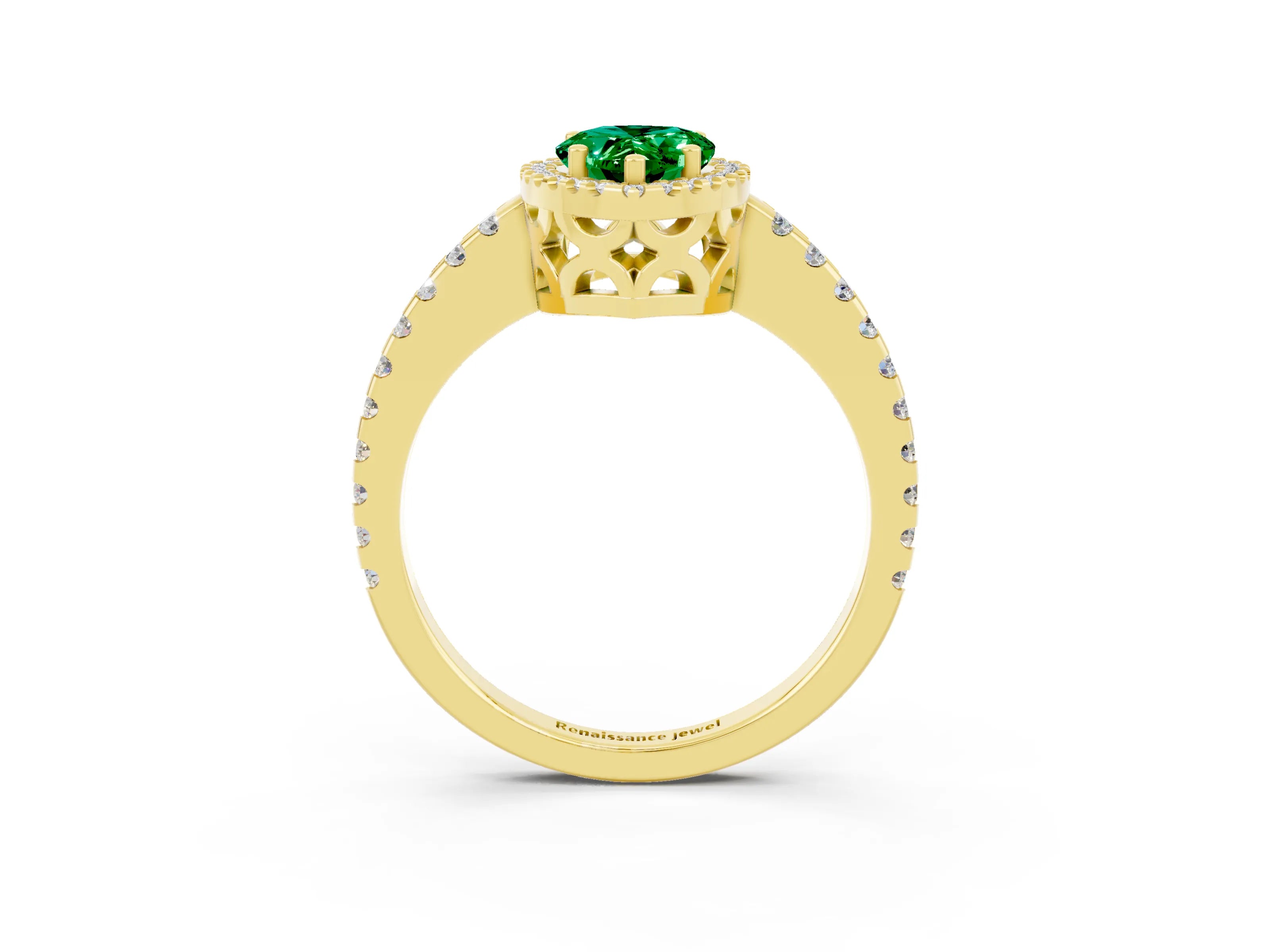 Yellow gold Pear Cut Emerald Halo Engagement Ring with Pavé Band and Prong Setting_15