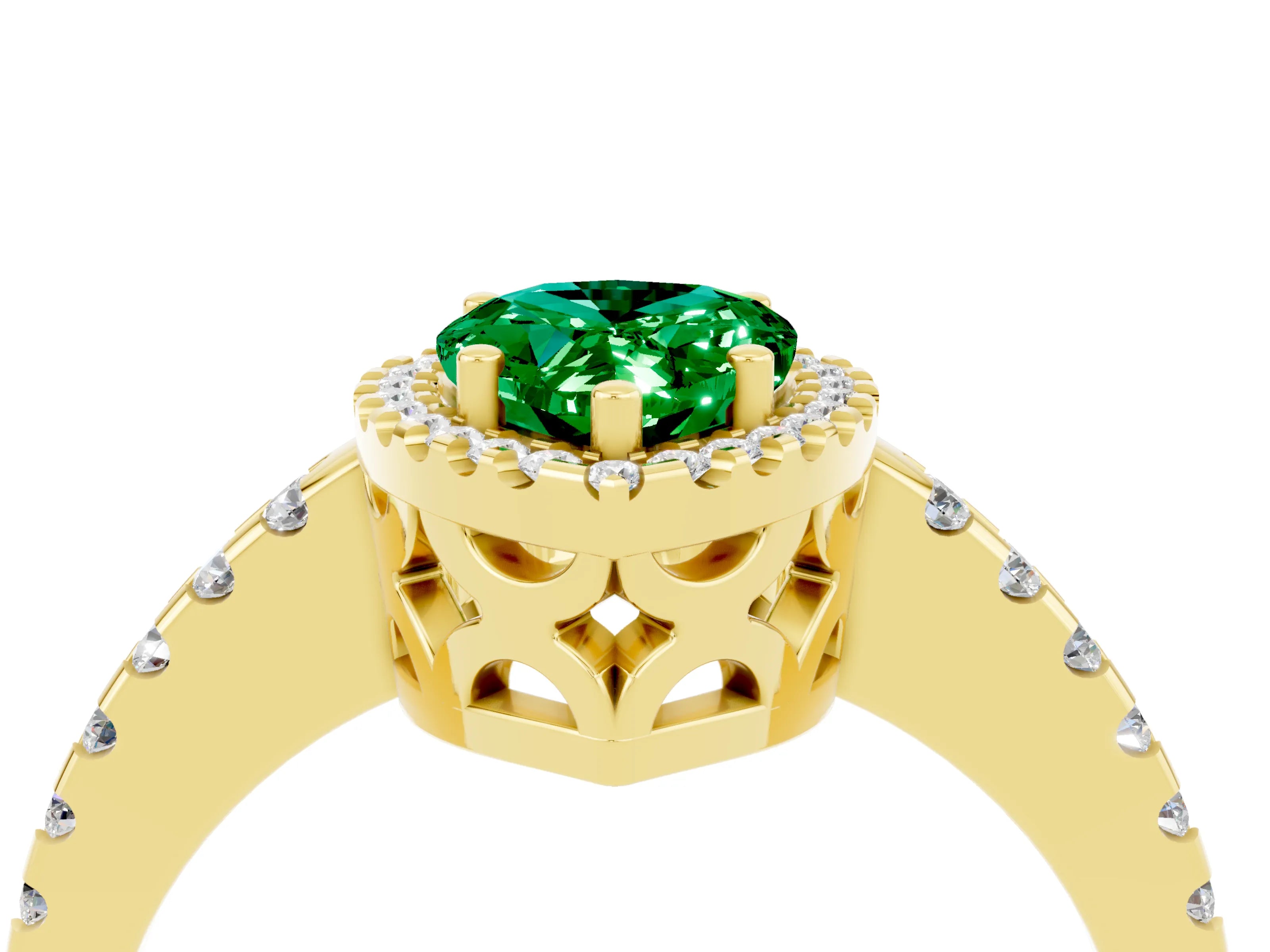 Yellow gold Pear Cut Emerald Halo Engagement Ring with Pavé Band and Prong Setting_16