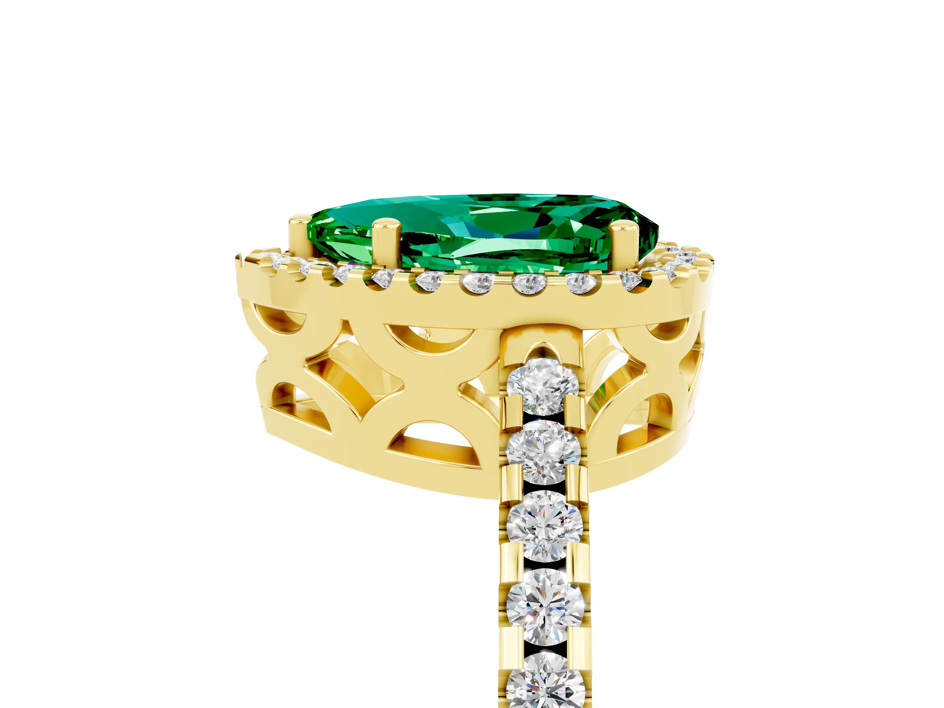 Yellow gold Pear Cut Emerald Halo Engagement Ring with Pavé Band and Prong Setting_17