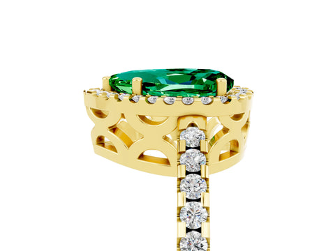 Yellow gold Pear Cut Emerald Halo Engagement Ring with Pavé Band and Prong Setting_17