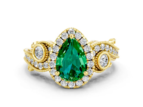 Yellow gold Pear Cut Emerald Halo Ring with Milgrain Pavé Band and Four-Prong Setting_12