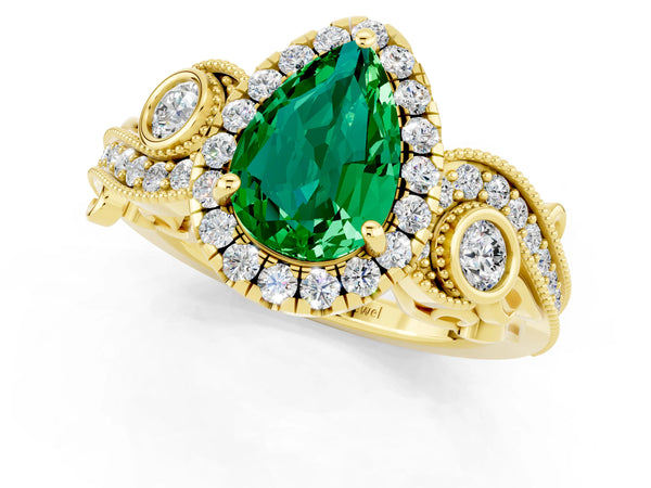 Yellow gold Pear Cut Emerald Halo Ring with Milgrain Pavé Band and Four-Prong Setting